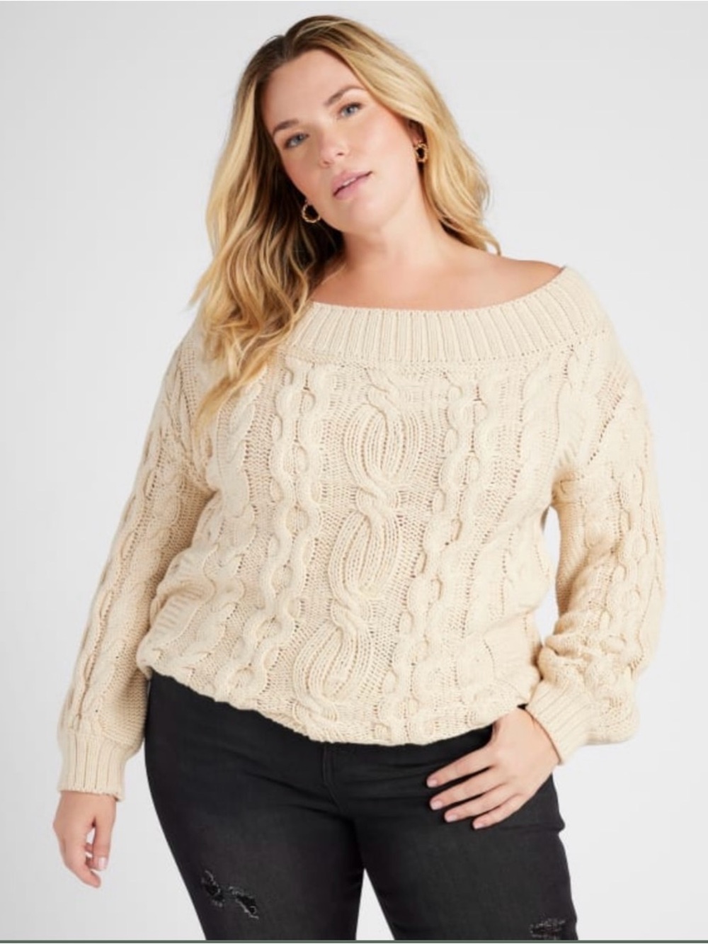 Vanilla Bay - Off-Shoulder Cable Knit Sweater in Cream